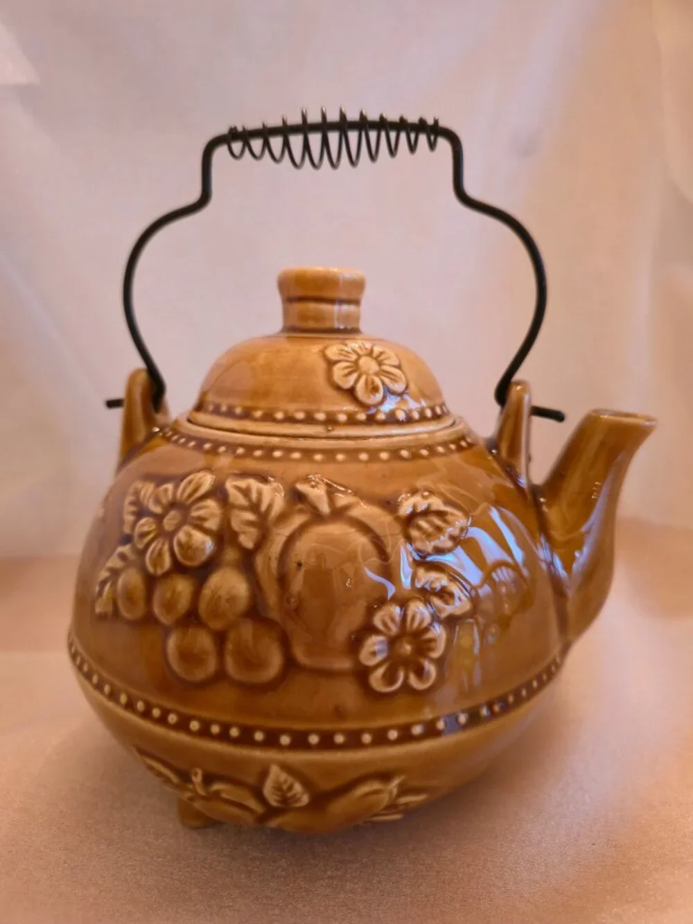 Vintage Footed Teapot with Fall Harvest Fruit Theme, Mustard Color Made in Japan